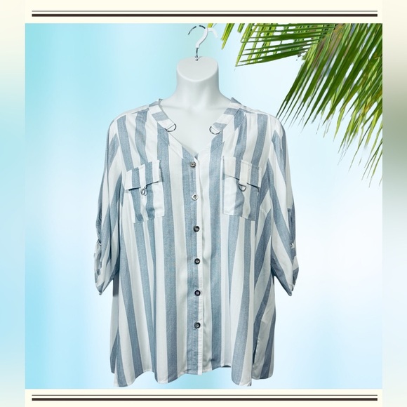 Claire France, Plus Size Striped 3/4 Sleeve Blouse, 20W, Blue & White - Picture 3 of 10